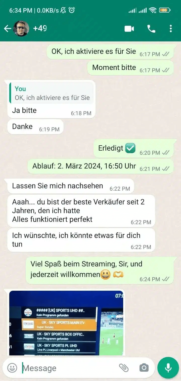 Screenshot einer Online-Unterhaltung zwischen Kundensupport und Nutzer