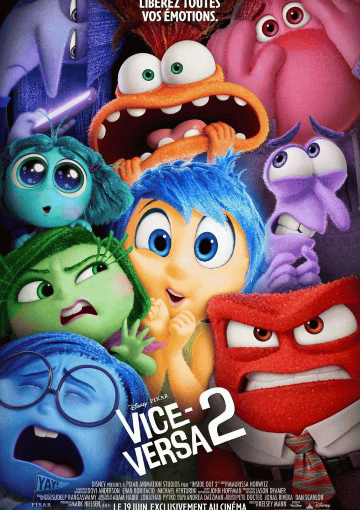Vice-versa 2 ou Sens dessus dessous 2 au Québec (Inside Out 2) est un film d'animation américain réalisé par Kelsey Mann (en) et sorti en 20241. Il fait suite à Vice-versa, sorti en 2015. Il s'agit du premier long métrage du réalisateur et du 28e film produit par les studios Pixar. Pete Docter, réalisateur du premier Vice-versa, revient cette fois-ci en tant que producteur1. Le film débute alors que Riley fête ses 13 ans et commence à ressentir les effets de la puberté, les cinq émotions qu'elle a connues jusque là — Joie, Tristesse, Colère, Dégoût et Peur — vont voir leur quotidien bouleversé quand une étrange équipe d'ouvriers du cerveau viennent saccager le quartier général des émotions de Riley, et encore plus quand ils repartent en laissant à la grande surprise de Joie et des autres émotions un étrange personnage se présentant comme une nouvelle émotion : l'Anxiété (ne pas confondre avec Peur). Rien ne va en s'arrangeant quand Anxiété annonce qu'elle et d'autres émotions qui seront connues plus tard sous les noms de Ennui, Envie, Embarras (et très rarement Nostalgie) viennent rejoindre la petite équipe des émotions au quartier général pour faire entrer Riley dans l'adolescence. Mais la cohabitation entre les anciennes émotions et les nouvelles est difficile, car Anxiété met la pagaille en voulant faire changer la personnalité de Riley afin d’anticiper son avenir. Les accords entre les émotions ne passant plus, Anxiété décide de renvoyer les anciennes émotions hors du Quartier Cérébral.