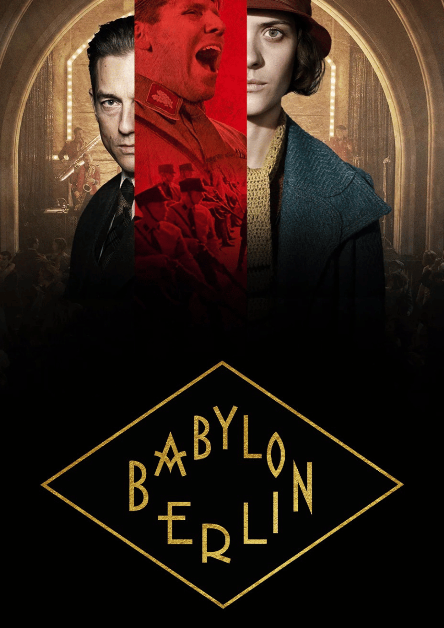 künstlerisches Filmplakat mit mehreren Personen und historischer Stimmung