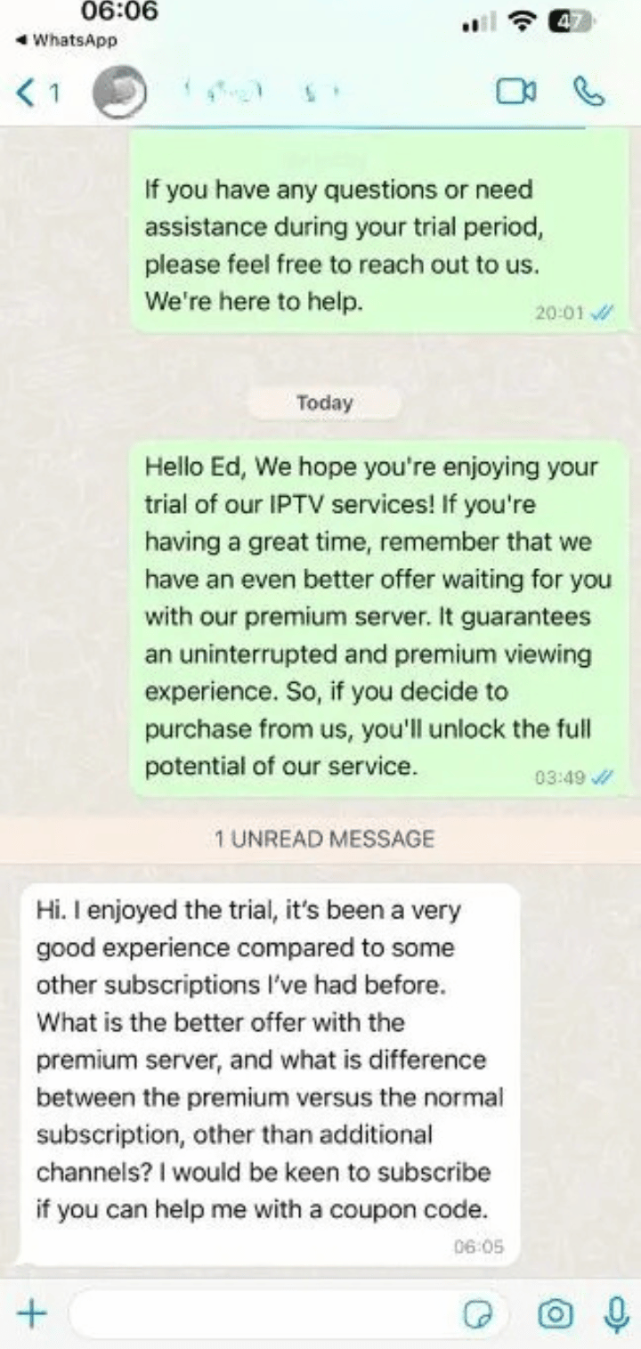 Screenshot einer Online-Unterhaltung zwischen Kundensupport und Nutzer