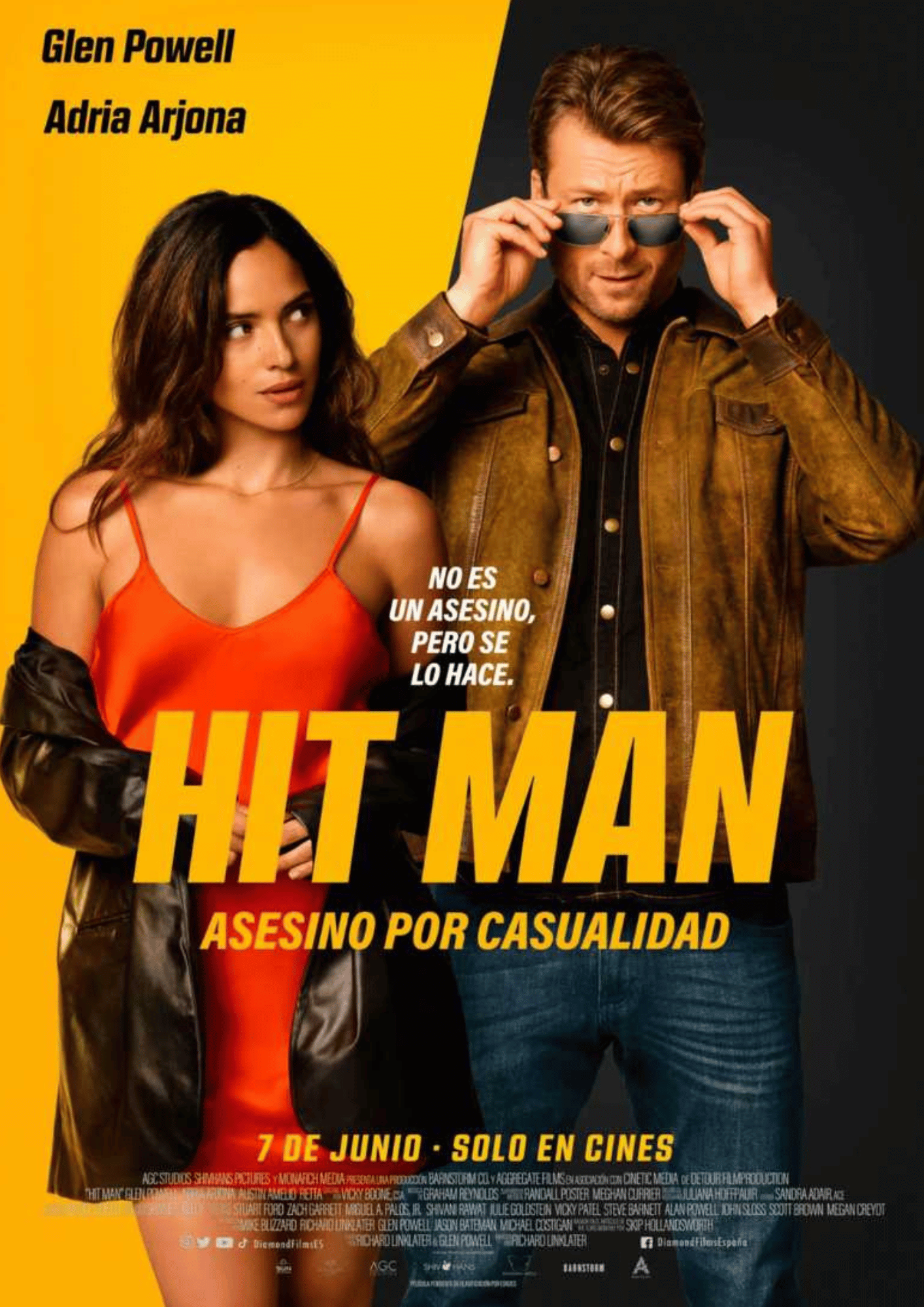 Hit Man is a 2023 American romantic comedy crime film produced and directed by Richard Linklater, who co-wrote the screenplay with Glen Powell. The film stars Powell, Adria Arjona, Austin Amelio, Retta, and Sanjay Rao. It follows an undercover New Orleans police contractor who poses as a reliable hitman as he tries to save a woman in need. The basic premise was based on the true story of a college professor who worked for the Houston police in the late 1980s and 1990s as a fake hitman, as described in a 2001 magazine article by Skip Hollandsworth. Hit Man premiered at the 80th Venice International Film Festival on September 5, 2023. It was released in select theaters in the United States on May 24, 2024, before its streaming debut by Netflix on June 7, to critical acclaim.
