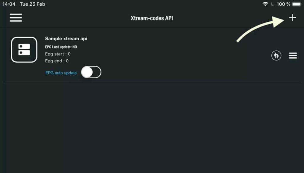 Drücken Sie das + Symbol, um eine neue Liste von XTREAM CODES hinzuzufügen.