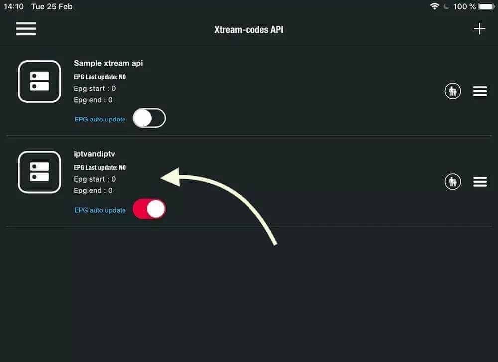 Geben Sie die erstellte Liste ein und sehen Sie sich Filme und Live-TV-Sender an.