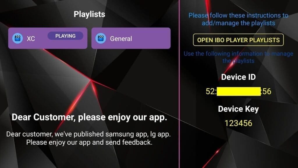 Bewerbung: IBO Player-Anwendung
Schritt 1: Rufen Sie den Samsung oder LG Smart TV App Store auf und suchen Sie nach der Anwendung „IBO Player“. Wenn die Anwendung nicht auf dem Hauptbildschirm angezeigt wird, müssen Sie möglicherweise unter „Alle Anwendungen“ oder „Updates“ danach suchen. Wenn Sie sie immer noch nicht finden können, kontaktieren Sie uns bitte.
Schritt 2: Starten Sie den „IBO Player“ und notieren Sie sich die „Geräte-ID“ und den „Geräteschlüssel“, die auf dem Bildschirm erscheinen.