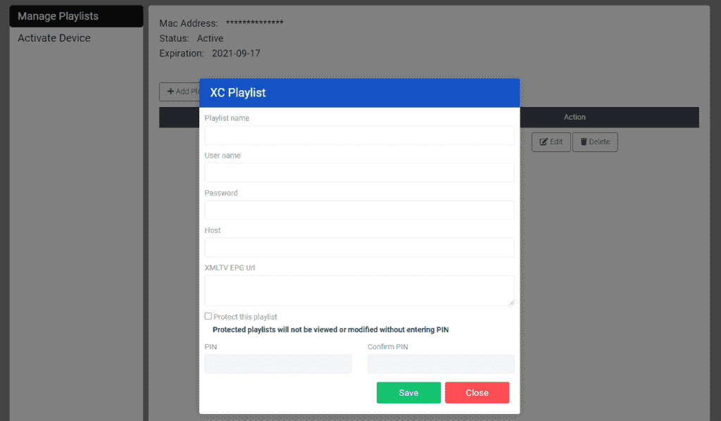 Klicken Sie auf die Schaltfläche (XC-Wiedergabeliste hinzufügen) und geben Sie Ihre Xtream-Verbindungsdaten ein (überprüfen Sie Ihre E-Mail auf diese Daten).
Geben Sie den Benutzernamen, das Passwort und den Host (URL des Xtream-Verbindungsservers) ein. Klicken Sie auf Registrieren