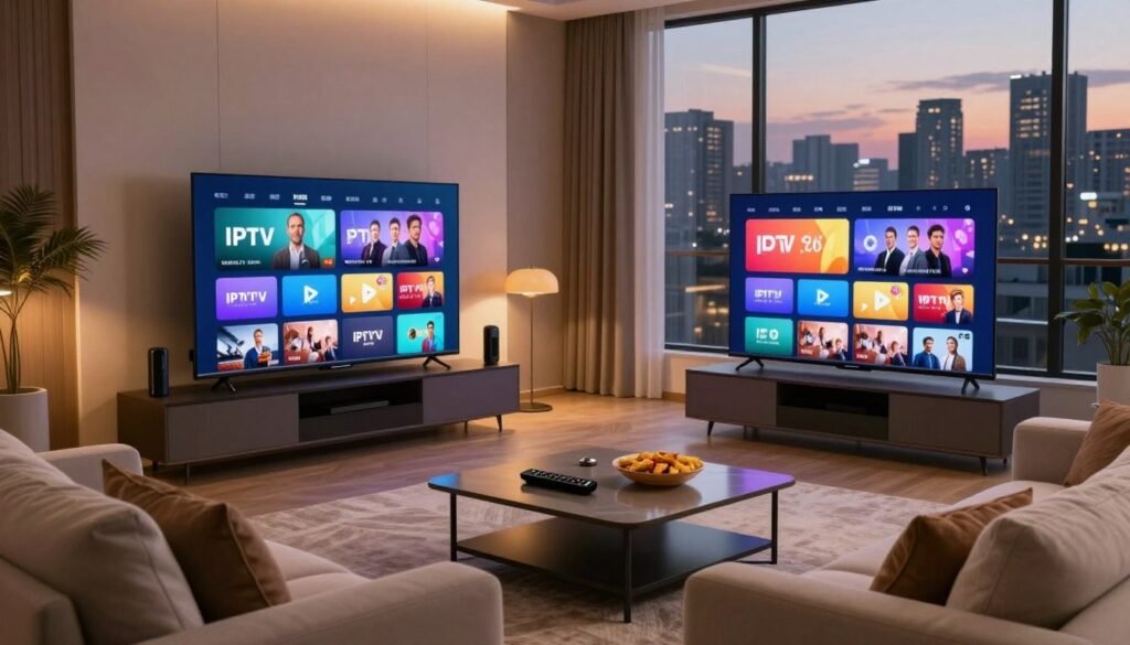 A modern living room scene illuminated by soft, ambient lighting that casts a warm, inviting glow. In the foreground, a sleek flat-screen television displays vibrant streaming content with colorful visuals, showcasing various entertainment options available through IPTV. A comfortable sofa with plush cushions faces the TV, surrounded by stylish furniture and tech gadgets, emphasizing a contemporary lifestyle. The middle ground features a stylish coffee table adorned with a remote control and snacks, evoking a casual viewing experience. In the background, large windows reveal a city skyline at dusk, adding depth and a sense of urban life. The overall mood is relaxed and enticing, highlighting the evolution of home entertainment in 2026, with a focus on advanced technology and user-friendly experiences. A modern living room scene illuminated by soft, ambient lighting that casts a warm, inviting glow. In the foreground, a sleek flat-screen television displays vibrant streaming content with colorful visuals, showcasing various entertainment options available through IPTV. A comfortable sofa with plush cushions faces the TV, surrounded by stylish furniture and tech gadgets, emphasizing a contemporary lifestyle. The middle ground features a stylish coffee table adorned with a remote control and snacks, evoking a casual viewing experience. In the background, large windows reveal a city skyline at dusk, adding depth and a sense of urban life. The overall mood is relaxed and enticing, highlighting the evolution of home entertainment in 2026, with a focus on advanced technology and user-friendly experiences.
