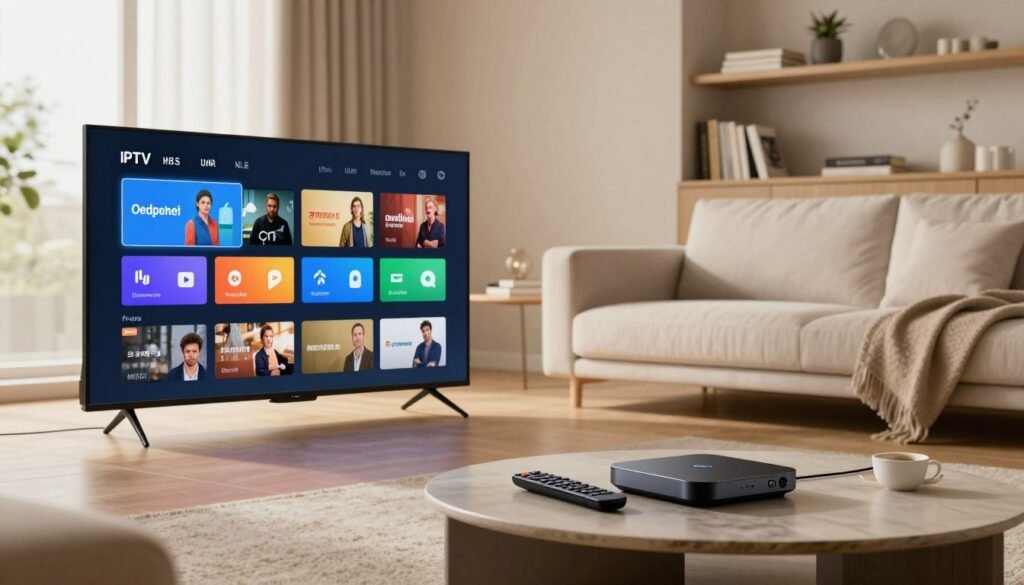 A modern living room scene showcasing IPTV technology. In the foreground, a sleek, large flat-screen television displays an IPTV interface, with colorful app icons representing streaming services. To the side, a stylish coffee table holds a remote control and a streaming device. In the middle ground, a comfortable sofa with minimalist design complements the tech-savvy ambiance. The background features a shelf with books and decorative items, reflecting a cozy home environment. Soft, natural light streams through a window, creating a warm and inviting atmosphere. The overall mood is one of innovation and relaxation, illustrating the impact of IPTV on entertainment in Sweden. A modern living room scene showcasing IPTV technology. In the foreground, a sleek, large flat-screen television displays an IPTV interface, with colorful app icons representing streaming services. To the side, a stylish coffee table holds a remote control and a streaming device. In the middle ground, a comfortable sofa with minimalist design complements the tech-savvy ambiance. The background features a shelf with books and decorative items, reflecting a cozy home environment. Soft, natural light streams through a window, creating a warm and inviting atmosphere. The overall mood is one of innovation and relaxation, illustrating the impact of IPTV on entertainment in Sweden.