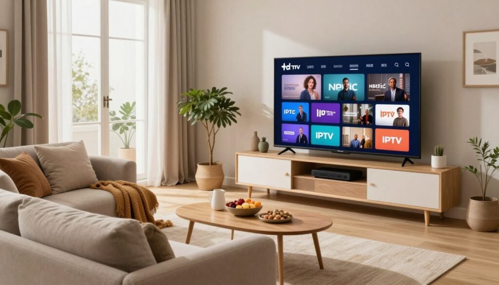 A modern living room scene showcasing a large, flat-screen TV displaying diverse Nordic IPTV channels. In the foreground, a comfortable sofa with plush cushions, an inviting coffee table with snacks, and a warm throw blanket. The middle ground features a stylish entertainment unit filled with decorative items and streaming devices. In the background, a large window allows soft natural light to flood in, illuminating the cozy atmosphere. The room is adorned with Scandinavian design elements like minimalistic art and greenery. The mood is relaxed and inviting, perfect for experiencing Nordic content. Use a warm color palette with soft, diffused lighting, capturing a welcoming and engaging environment for entertainment. A modern living room scene showcasing a large, flat-screen TV displaying diverse Nordic IPTV channels. In the foreground, a comfortable sofa with plush cushions, an inviting coffee table with snacks, and a warm throw blanket. The middle ground features a stylish entertainment unit filled with decorative items and streaming devices. In the background, a large window allows soft natural light to flood in, illuminating the cozy atmosphere. The room is adorned with Scandinavian design elements like minimalistic art and greenery. The mood is relaxed and inviting, perfect for experiencing Nordic content. Use a warm color palette with soft, diffused lighting, capturing a welcoming and engaging environment for entertainment.