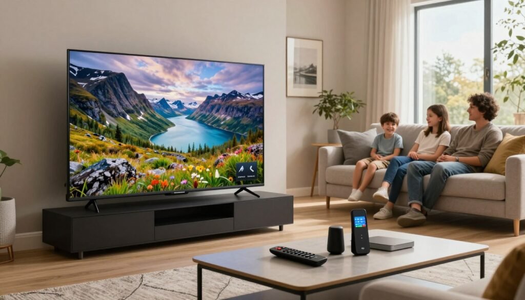A modern living room setting showcasing a sleek, contemporary IPTV setup featuring a large flat-screen television displaying a vibrant Nordic landscape. In the foreground, a stylish coffee table holds a remote control and smart devices. The middle ground highlights a comfortable sofa with a family enjoying a movie, dressed in smart casual attire, evoking a cozy viewing experience. The background features large windows with natural light flooding in, enhancing the warm and inviting atmosphere. Use soft, diffused lighting to create a relaxed mood. The image should have a wide-angle perspective, capturing the essence of modern technology combined with Nordic design elements, emphasizing comfort and connectivity in IPTV viewing. A modern living room setting showcasing a sleek, contemporary IPTV setup featuring a large flat-screen television displaying a vibrant Nordic landscape. In the foreground, a stylish coffee table holds a remote control and smart devices. The middle ground highlights a comfortable sofa with a family enjoying a movie, dressed in smart casual attire, evoking a cozy viewing experience. The background features large windows with natural light flooding in, enhancing the warm and inviting atmosphere. Use soft, diffused lighting to create a relaxed mood. The image should have a wide-angle perspective, capturing the essence of modern technology combined with Nordic design elements, emphasizing comfort and connectivity in IPTV viewing.