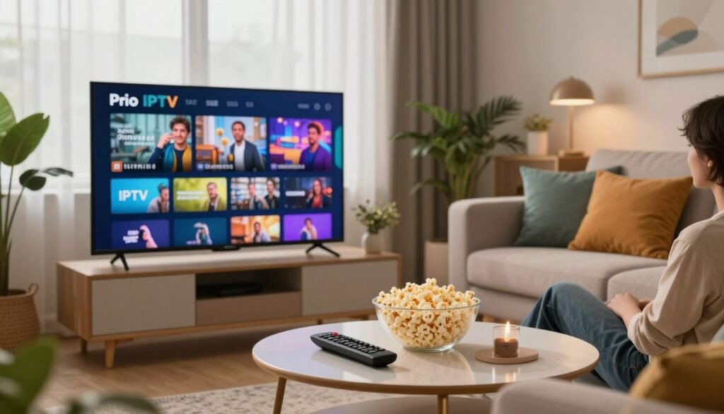 A modern living room setting that showcases the benefits of Pro IPTV streaming for entertainment. In the foreground, a sleek flat-screen TV displays vibrant streaming content, while a cozy sofa with colorful cushions invites relaxation. In the middle, a stylish coffee table holds a remote and a bowl of popcorn, emphasizing a movie night atmosphere. The background features large windows with soft natural light streaming in, creating an inviting ambiance. Soft focus on lush plants or decorations adds warmth to the scene. The overall mood is lively and engaging, highlighting convenience and quality entertainment, with a touch of modern decor and technology represented through contemporary aesthetics. A depth of field effect subtly blurs the background, drawing attention to the foreground elements. The lighting is soft and warm, enhancing the cozy, inviting feel of the space. A modern living room setting that showcases the benefits of Pro IPTV streaming for entertainment. In the foreground, a sleek flat-screen TV displays vibrant streaming content, while a cozy sofa with colorful cushions invites relaxation. In the middle, a stylish coffee table holds a remote and a bowl of popcorn, emphasizing a movie night atmosphere. The background features large windows with soft natural light streaming in, creating an inviting ambiance. Soft focus on lush plants or decorations adds warmth to the scene. The overall mood is lively and engaging, highlighting convenience and quality entertainment, with a touch of modern decor and technology represented through contemporary aesthetics. A depth of field effect subtly blurs the background, drawing attention to the foreground elements. The lighting is soft and warm, enhancing the cozy, inviting feel of the space.