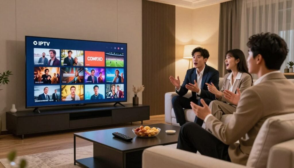 A modern living room setup showcasing high-definition IPTV broadcasts on a large flat-screen television. In the foreground, a sleek coffee table holds a remote control and snacks, while a comfortable sofa angles towards the screen. The television displays vibrant images of various entertainment options such as movies, sports, and live events. In the middle ground, a couple of well-dressed individuals in professional attire are engaged in a lively discussion while watching the broadcast, highlighting the social aspect of IPTV streaming. The background features stylish decor, with soft lighting that creates a warm and inviting atmosphere. Use warm color tones to enhance the coziness, and ensure the angles capture both the IPTV screen and the viewers' expressions of enjoyment and excitement. A modern living room setup showcasing high-definition IPTV broadcasts on a large flat-screen television. In the foreground, a sleek coffee table holds a remote control and snacks, while a comfortable sofa angles towards the screen. The television displays vibrant images of various entertainment options such as movies, sports, and live events. In the middle ground, a couple of well-dressed individuals in professional attire are engaged in a lively discussion while watching the broadcast, highlighting the social aspect of IPTV streaming. The background features stylish decor, with soft lighting that creates a warm and inviting atmosphere. Use warm color tones to enhance the coziness, and ensure the angles capture both the IPTV screen and the viewers' expressions of enjoyment and excitement.