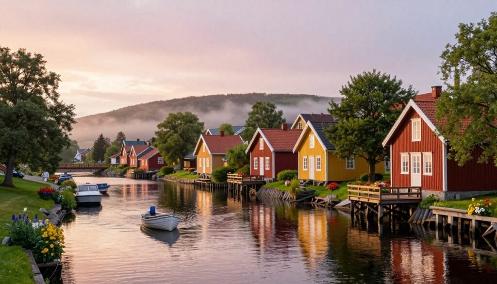 A serene Scandinavian landscape featuring a picturesque view of traditional Nordic canals lined with charming wooden houses. In the foreground, a small boat floats gently on the calm water, reflecting the soft pastel colors of a sunset. The middle ground showcases lush green trees and vibrant flowers along the canal banks, creating a rich contrast against the tranquil water. In the background, gentle hills rise, partially obscured by a light mist, providing a sense of depth. The lighting is warm and inviting, casting a golden glow over the scene. Capture the mood of relaxation and enjoyment, emphasizing the beauty of Nordic culture and outdoor leisure. Use a wide-angle lens to encompass the full landscape, enhancing the expansive feel of the serene environment. A serene Scandinavian landscape featuring a picturesque view of traditional Nordic canals lined with charming wooden houses. In the foreground, a small boat floats gently on the calm water, reflecting the soft pastel colors of a sunset. The middle ground showcases lush green trees and vibrant flowers along the canal banks, creating a rich contrast against the tranquil water. In the background, gentle hills rise, partially obscured by a light mist, providing a sense of depth. The lighting is warm and inviting, casting a golden glow over the scene. Capture the mood of relaxation and enjoyment, emphasizing the beauty of Nordic culture and outdoor leisure. Use a wide-angle lens to encompass the full landscape, enhancing the expansive feel of the serene environment.