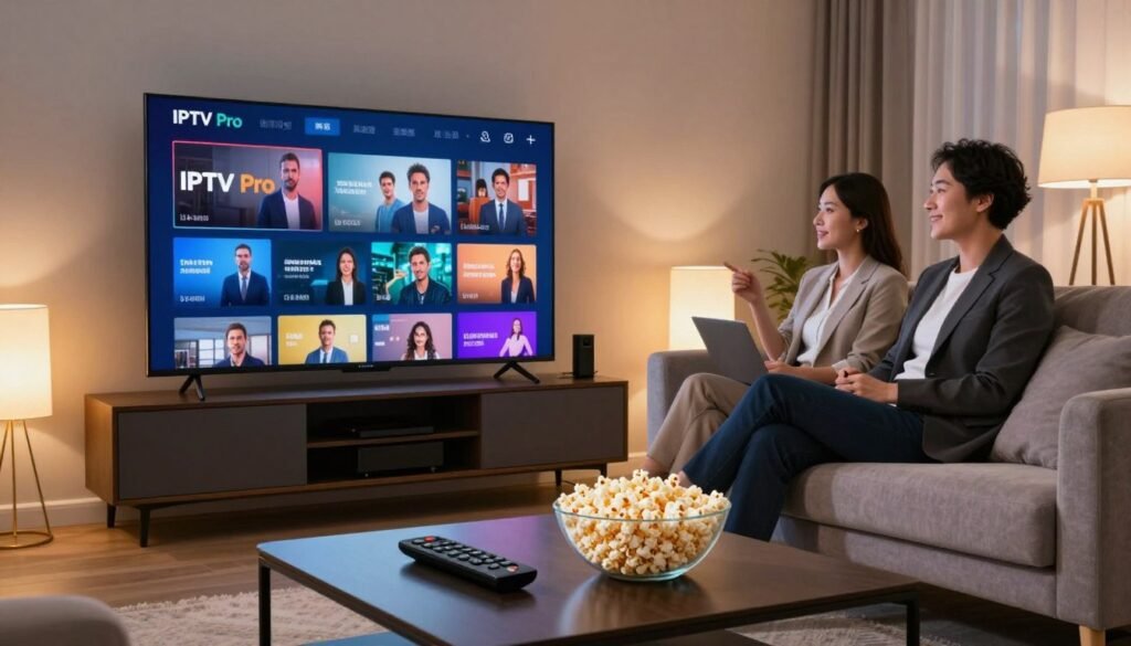 A sleek and modern living room setting, showcasing a large flat-screen television displaying vibrant IPTV streaming content. In the foreground, a stylish coffee table with a contemporary remote control and a bowl of popcorn creates an inviting atmosphere. The middle ground features two individuals, a man and a woman, comfortably seated on a plush sofa, dressed in professional business attire, fully engaged in the viewing experience. Surrounding them, soft ambient lighting emanates from floor lamps, casting a warm glow that enhances the coziness of the scene. In the background, a subtle wall unit complements the decor, with neatly organized entertainment gadgets. The overall mood is one of relaxation and enjoyment, emphasizing the ultimate streaming quality offered by IPTV Pro. A sleek and modern living room setting, showcasing a large flat-screen television displaying vibrant IPTV streaming content. In the foreground, a stylish coffee table with a contemporary remote control and a bowl of popcorn creates an inviting atmosphere. The middle ground features two individuals, a man and a woman, comfortably seated on a plush sofa, dressed in professional business attire, fully engaged in the viewing experience. Surrounding them, soft ambient lighting emanates from floor lamps, casting a warm glow that enhances the coziness of the scene. In the background, a subtle wall unit complements the decor, with neatly organized entertainment gadgets. The overall mood is one of relaxation and enjoyment, emphasizing the ultimate streaming quality offered by IPTV Pro.