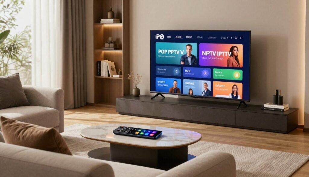 A sleek, modern living room featuring a large flat-screen TV displaying vibrant IPTV streaming content. In the foreground, a comfortable sofa with stylish cushions invites viewers to relax while enjoying a quality streaming experience. In the middle, a coffee table holds a remote control and a smartphone with an IPTV app interface visible. Soft, warm lighting creates an inviting atmosphere, while natural light filters through a window, casting gentle shadows. The background showcases a contemporary shelf with books and decorative items, emphasizing a sophisticated home environment. The overall mood is cozy and tech-savvy, highlighting the importance of high-quality IPTV features in a stylish setting. A sleek, modern living room featuring a large flat-screen TV displaying vibrant IPTV streaming content. In the foreground, a comfortable sofa with stylish cushions invites viewers to relax while enjoying a quality streaming experience. In the middle, a coffee table holds a remote control and a smartphone with an IPTV app interface visible. Soft, warm lighting creates an inviting atmosphere, while natural light filters through a window, casting gentle shadows. The background showcases a contemporary shelf with books and decorative items, emphasizing a sophisticated home environment. The overall mood is cozy and tech-savvy, highlighting the importance of high-quality IPTV features in a stylish setting.