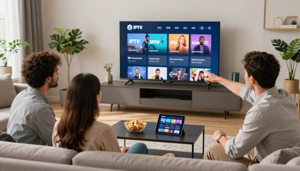 A sleek, modern living room filled with natural light, showcasing a large flat-screen TV displaying an attractive IPTV app interface. In the foreground, a diverse group of three adults—two men and one woman—dressed in smart casual attire, are seated on a comfortable sofa, engaging in discussion while pointing at the screen with enthusiasm. On a coffee table, there are snacks and a tablet showing more IPTV options. The background features stylish decor and greenery, creating a cozy yet tech-savvy atmosphere. Soft, warm lighting enhances the inviting feel of the space, captured with a wide-angle lens to emphasize the group's interaction and the dynamic display of streaming content. A sleek, modern living room filled with natural light, showcasing a large flat-screen TV displaying an attractive IPTV app interface. In the foreground, a diverse group of three adults—two men and one woman—dressed in smart casual attire, are seated on a comfortable sofa, engaging in discussion while pointing at the screen with enthusiasm. On a coffee table, there are snacks and a tablet showing more IPTV options. The background features stylish decor and greenery, creating a cozy yet tech-savvy atmosphere. Soft, warm lighting enhances the inviting feel of the space, captured with a wide-angle lens to emphasize the group's interaction and the dynamic display of streaming content.
