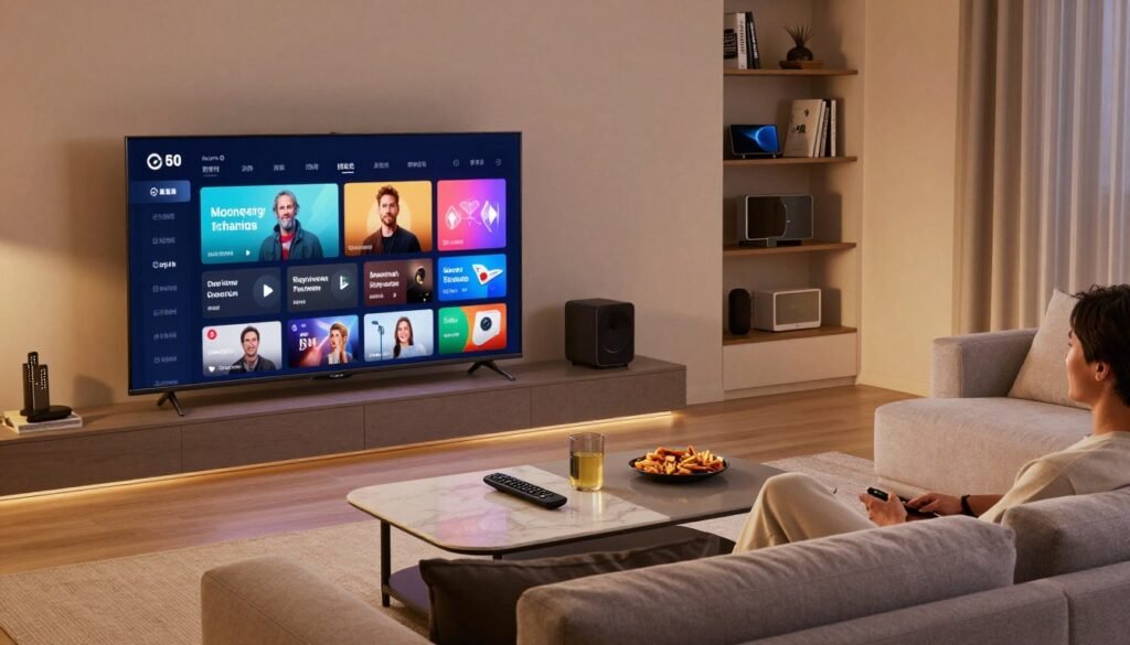 A sleek, modern living room setting in the foreground features a high-definition television showcasing vibrant streaming content. In the middle, a stylish coffee table holds a remote control and snacks, symbolizing a relaxed entertainment experience. A cozy sofa, adorned with soft cushions, invites viewers to sit and enjoy. The background includes a wall-mounted shelf filled with digital devices and books about technology, emphasizing modern lifestyle. Soft, ambient lighting creates a warm atmosphere, casting gentle shadows that enhance the cozy feel of the space. The scene should evoke a sense of excitement and innovation about the future of entertainment, showcasing a blend of comfort and advanced technology. Use a slightly elevated angle to capture the entire space harmoniously. A sleek, modern living room setting in the foreground features a high-definition television showcasing vibrant streaming content. In the middle, a stylish coffee table holds a remote control and snacks, symbolizing a relaxed entertainment experience. A cozy sofa, adorned with soft cushions, invites viewers to sit and enjoy. The background includes a wall-mounted shelf filled with digital devices and books about technology, emphasizing modern lifestyle. Soft, ambient lighting creates a warm atmosphere, casting gentle shadows that enhance the cozy feel of the space. The scene should evoke a sense of excitement and innovation about the future of entertainment, showcasing a blend of comfort and advanced technology. Use a slightly elevated angle to capture the entire space harmoniously.