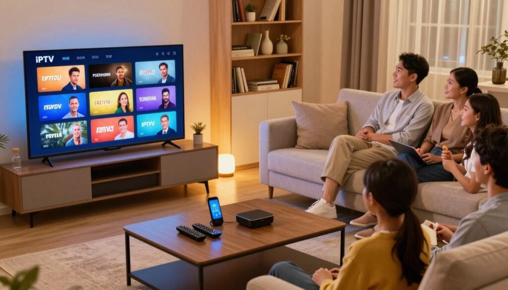 A vibrant living room setting showcasing a sleek, modern television displaying a diverse array of IPTV channels. In the foreground, a coffee table holds a few remote controls and smart devices, symbolizing integrated technology. The middle layer features a comfortable sofa with neutral-colored cushions, suggesting a welcoming atmosphere, while a family, dressed in professional casual attire, enjoys a movie night. The background includes a stylish entertainment unit filled with books and decor, with soft, warm lighting casting a cozy glow throughout the room. The image captures a sense of togetherness and excitement for endless entertainment options, emphasizing the variety and modernity of IPTV services. The angle is slightly above eye level, giving a comprehensive view of the scene. A vibrant living room setting showcasing a sleek, modern television displaying a diverse array of IPTV channels. In the foreground, a coffee table holds a few remote controls and smart devices, symbolizing integrated technology. The middle layer features a comfortable sofa with neutral-colored cushions, suggesting a welcoming atmosphere, while a family, dressed in professional casual attire, enjoys a movie night. The background includes a stylish entertainment unit filled with books and decor, with soft, warm lighting casting a cozy glow throughout the room. The image captures a sense of togetherness and excitement for endless entertainment options, emphasizing the variety and modernity of IPTV services. The angle is slightly above eye level, giving a comprehensive view of the scene.