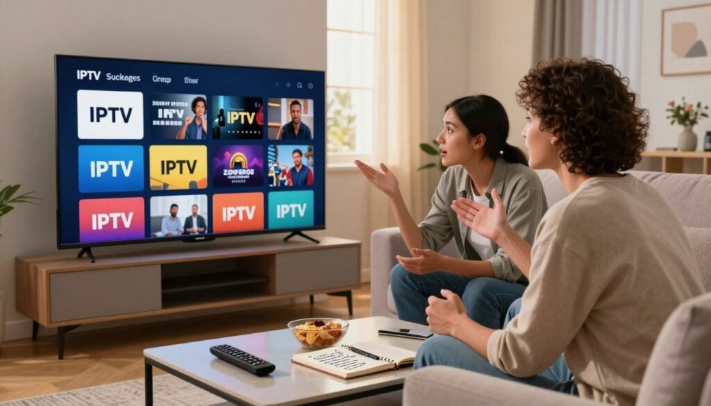 A modern living room scene featuring a sleek smart TV displaying various IPTV subscription options on the screen. In the foreground, a stylish coffee table with a remote control, snacks, and a notebook with notes on IPTV packages. In the middle, a comfortable sofa where a young professional couple, dressed in smart casual attire, discuss the IPTV options with enthusiasm. The background shows a well-lit room with soft warm lighting coming through a window, hinting at a cozy atmosphere. The overall feeling of the image is inviting and informative, emphasizing the benefits of choosing the right IPTV subscription in Sweden. The camera angle is slightly above eye level, providing a clear view of the TV screen and the couple's expressions. A modern living room scene featuring a sleek smart TV displaying various IPTV subscription options on the screen. In the foreground, a stylish coffee table with a remote control, snacks, and a notebook with notes on IPTV packages. In the middle, a comfortable sofa where a young professional couple, dressed in smart casual attire, discuss the IPTV options with enthusiasm. The background shows a well-lit room with soft warm lighting coming through a window, hinting at a cozy atmosphere. The overall feeling of the image is inviting and informative, emphasizing the benefits of choosing the right IPTV subscription in Sweden. The camera angle is slightly above eye level, providing a clear view of the TV screen and the couple's expressions.