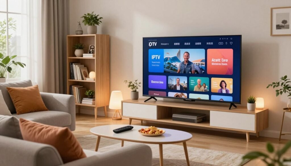 A modern living room with a sleek smart TV displaying vibrant IPTV streaming content. In the foreground, a comfortable sofa adorned with colorful cushions invites relaxation. In the middle, a coffee table with a remote control and snacks sits beside a softly glowing lamp. The background features a well-designed bookshelf with plants and decorative items, adding a personal touch to the space. Soft, natural lighting filters through large windows, creating an inviting atmosphere. The mood is cozy and engaging, showcasing a contemporary lifestyle. The perspective is slightly angled to provide depth and focus on the TV screen, emphasizing the high-tech aspect of smart IPTV. A modern living room with a sleek smart TV displaying vibrant IPTV streaming content. In the foreground, a comfortable sofa adorned with colorful cushions invites relaxation. In the middle, a coffee table with a remote control and snacks sits beside a softly glowing lamp. The background features a well-designed bookshelf with plants and decorative items, adding a personal touch to the space. Soft, natural lighting filters through large windows, creating an inviting atmosphere. The mood is cozy and engaging, showcasing a contemporary lifestyle. The perspective is slightly angled to provide depth and focus on the TV screen, emphasizing the high-tech aspect of smart IPTV.