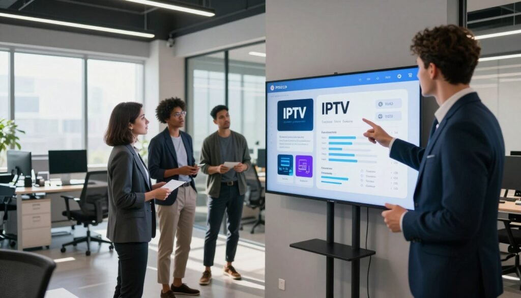 A sleek, modern office environment showcasing a comparison of IPTV providers. In the foreground, a professional-looking man in business attire gestures towards a large digital screen displaying various IPTV logos, charts, and service features. In the middle ground, a diverse group of individuals, including a woman in a smart blazer and a man in a casual yet polished outfit, engage in discussion and point at the screen, illustrating collaboration. The background features stylish office furniture, large windows with natural light streaming in, and tech gadgets. The atmosphere is focused and productive, with sharp, well-balanced lighting that highlights the details on the screen while casting soft shadows. The scene captures the essence of making informed choices about IPTV services in a modern, business-friendly setting. A sleek, modern office environment showcasing a comparison of IPTV providers. In the foreground, a professional-looking man in business attire gestures towards a large digital screen displaying various IPTV logos, charts, and service features. In the middle ground, a diverse group of individuals, including a woman in a smart blazer and a man in a casual yet polished outfit, engage in discussion and point at the screen, illustrating collaboration. The background features stylish office furniture, large windows with natural light streaming in, and tech gadgets. The atmosphere is focused and productive, with sharp, well-balanced lighting that highlights the details on the screen while casting soft shadows. The scene captures the essence of making informed choices about IPTV services in a modern, business-friendly setting.